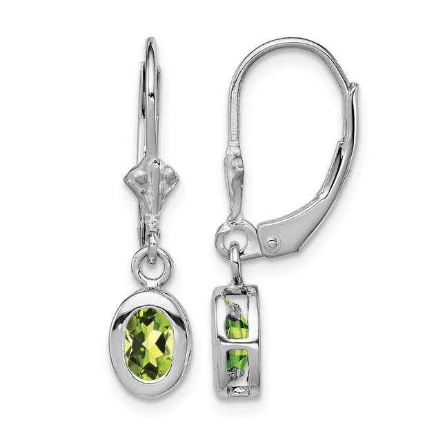 Sterling Silver Rhodium Plated Oval Peridot Leverback Earrings, 28 x 7mm