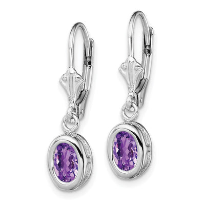 Sterling Silver Rhodium Plated Oval Amethyst Leverback Earrings, 28 x 8mm