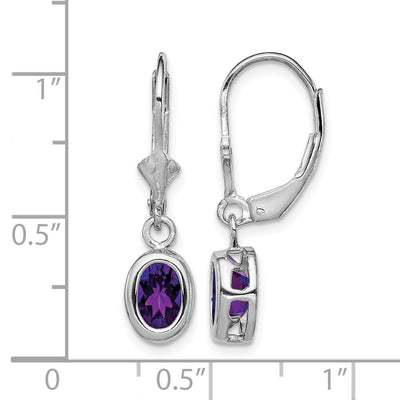 Sterling Silver Rhodium Plated Oval Amethyst Leverback Earrings, 28 x 8mm