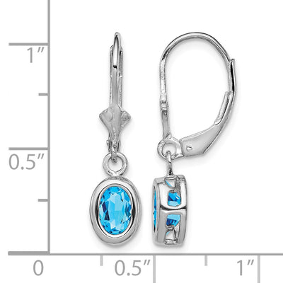 Sterling Silver Rhodium Plated Oval Blue Topaz Leverback Earrings, 28 x 8mm