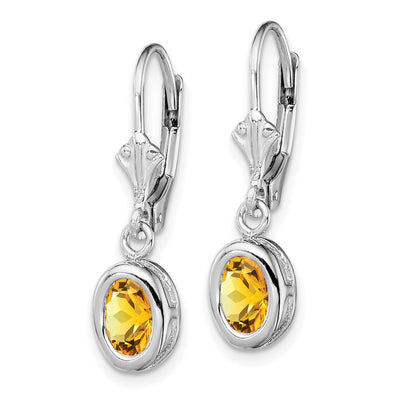 Sterling Silver Rhodium Plated Oval Citrine Leverback Earrings, 28 x 8mm