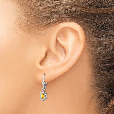 Sterling Silver Rhodium Plated Oval Citrine Leverback Earrings, 28 x 8mm