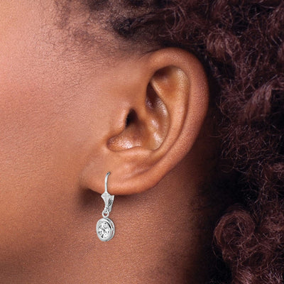 Sterling Silver Rhodium Plated Oval CZ Leverback Earrings, 28 x 8mm