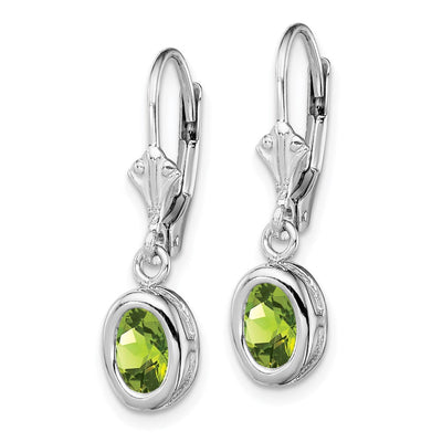 Sterling Silver Rhodium Plated Oval Peridot Leverback Earrings, 28 x 8mm