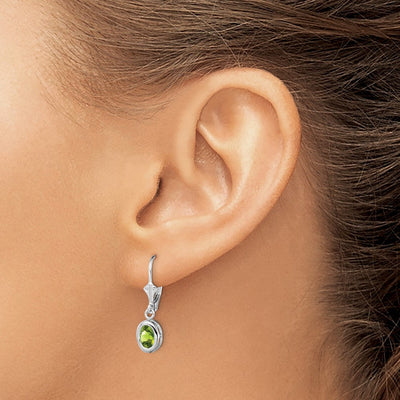 Sterling Silver Rhodium Plated Oval Peridot Leverback Earrings, 28 x 8mm
