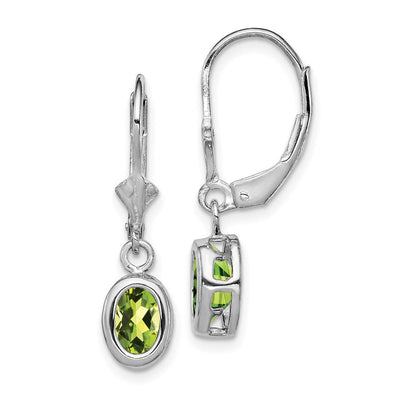 Sterling Silver Rhodium Plated Oval Peridot Leverback Earrings, 28 x 8mm