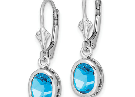 Sterling Silver Rhodium Plated Oval Blue Topaz Leverback Earrings, 28 x 9mm