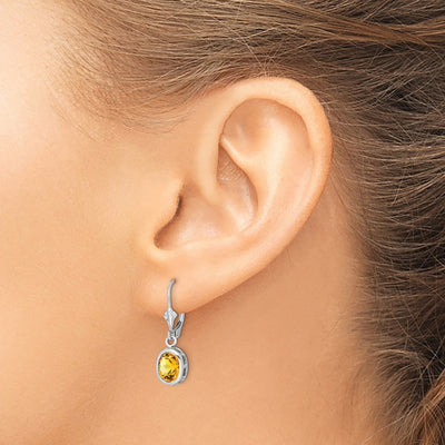 Sterling Silver Rhodium Plated Oval Citrine Leverback Earrings, 28 x 9mm