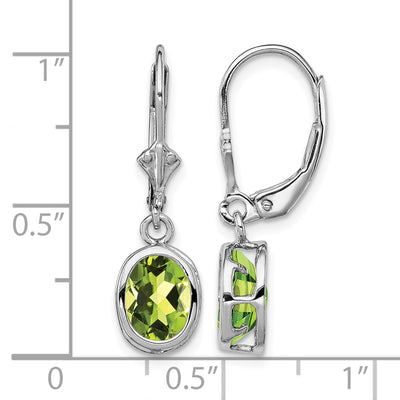 Sterling Silver Rhodium Plated Oval Peridot Leverback Earrings, 28 x 9mm