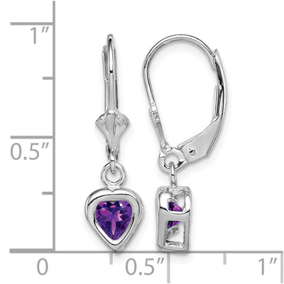 Sterling Silver Rhodium Plated Heart Amethyst Leverback Earrings, 25 x 6mm