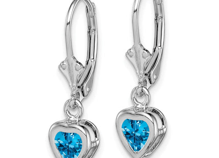 Sterling Silver Rhodium Plated Heart Blue Topaz Leverback Earrings (Style QE2046BT)