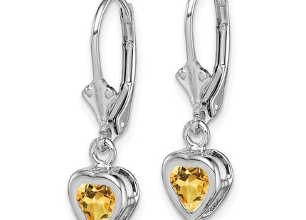 Sterling Silver Rhodium Plated Heart Citrine Leverback Earrings (Style QE2046CI)