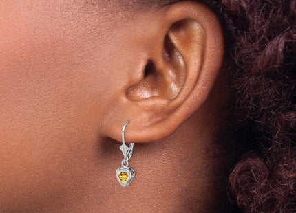 Sterling Silver Rhodium Plated Heart Citrine Leverback Earrings (Style QE2046CI)