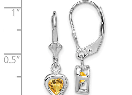 Sterling Silver Rhodium Plated Heart Citrine Leverback Earrings (Style QE2046CI)