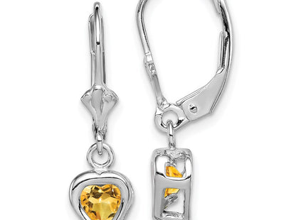 Sterling Silver Rhodium Plated Heart Citrine Leverback Earrings (Style QE2046CI)