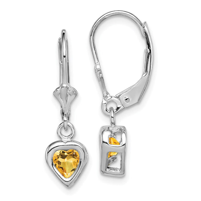 Sterling Silver Rhodium Plated Heart Citrine Leverback Earrings, 25 x 6mm