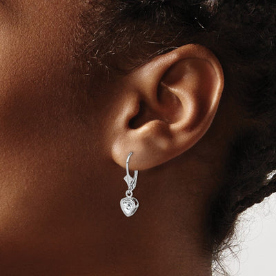 Sterling Silver Rhodium Plated Heart CZ Leverback Earrings, 25 x 6mm