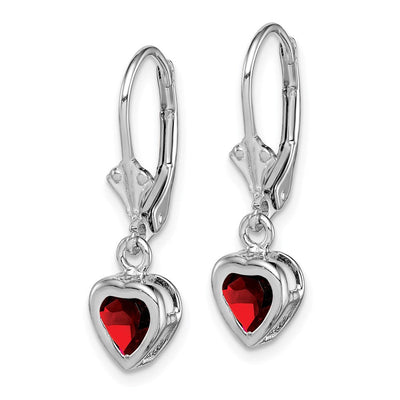 Sterling Silver Rhodium Plated Heart Garnet Leverback Earrings, 25 x 6mm
