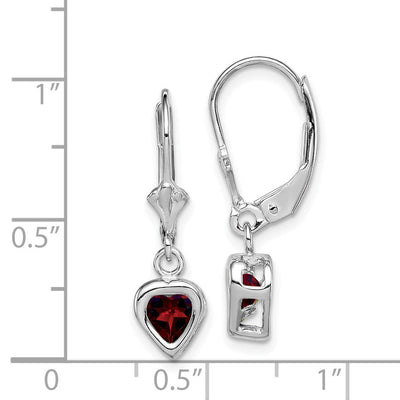 Sterling Silver Rhodium Plated Heart Garnet Leverback Earrings, 25 x 6mm