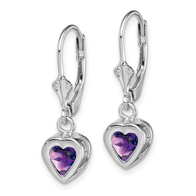 Sterling Silver Rhodium Plated Heart Amethyst Leverback Earrings, 25 x 7mm