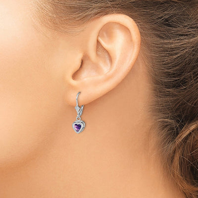 Sterling Silver Rhodium Plated Heart Amethyst Leverback Earrings, 25 x 7mm