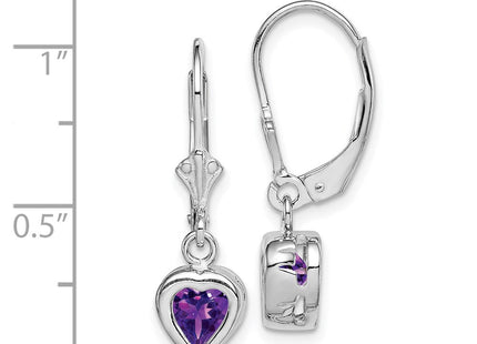 Sterling Silver Rhodium Plated Heart Amethyst Leverback Earrings (Style QE2047AM)
