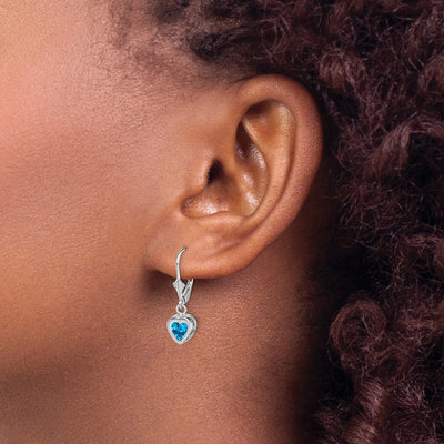 Sterling Silver Rhodium Plated Heart Blue Topaz Leverback Earrings, 25 x 7mm