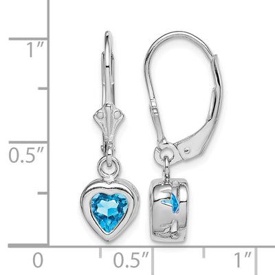 Sterling Silver Rhodium Plated Heart Blue Topaz Leverback Earrings, 25 x 7mm