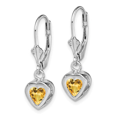 Sterling Silver Rhodium Plated Heart Citrine Leverback Earrings, 25 x 7mm