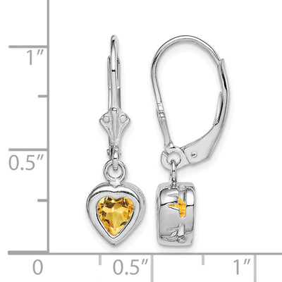 Sterling Silver Rhodium Plated Heart Citrine Leverback Earrings, 25 x 7mm