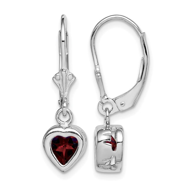Sterling Silver Rhodium Plated Heart Garnet Leverback Earrings, 25 x 7mm