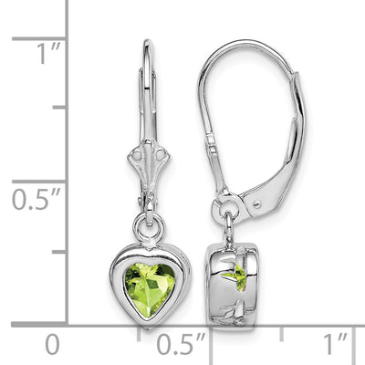 Sterling Silver Rhodium Plated Heart Peridot Leverback Earrings, 25 x 7mm