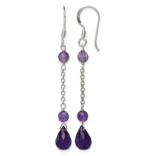 Sterling Silver Polished Amethyst Teardrop Dangle Earrings, 52 x 6mm