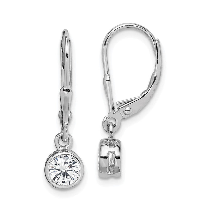 Sterling Silver Rhodium-plated Polished Round CZ Leverback Earrings, 25 x 5mm