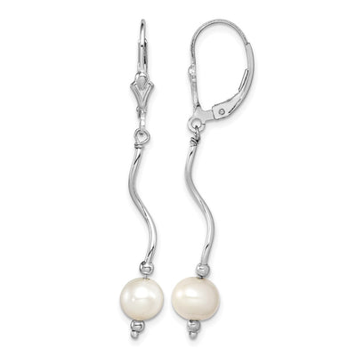 Sterling Silver Rhodium-plated White Semi-Round Freshwater Cultured Pearl Leverback Dangle Earrings, 49 x 6 to 7mm