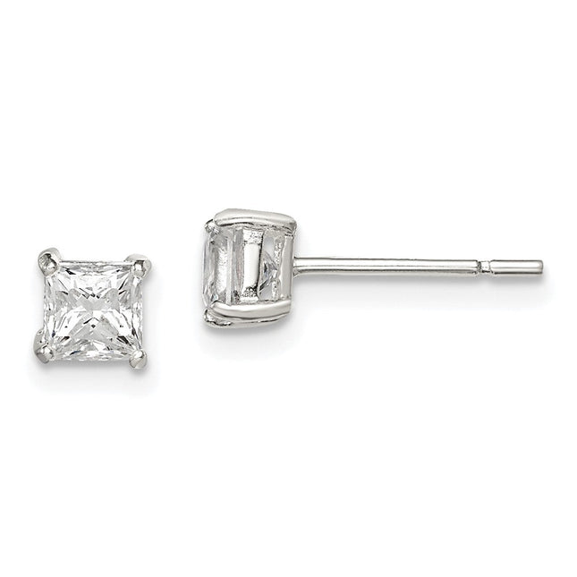 Sterling Silver Princess Basket Set CZ Stud Earrings, 4 x 4mm