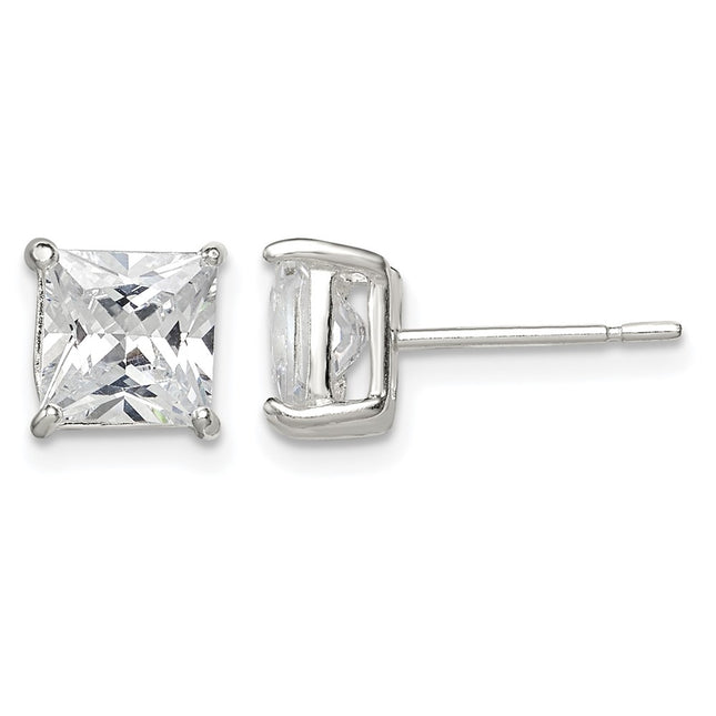Sterling Silver Princess Basket Set CZ Stud Earrings, 6 x 6mm