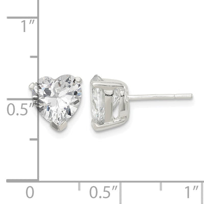 Sterling Silver Polished Heart 3 Prong Basket Set CZ Stud Earrings, 8 x 8mm