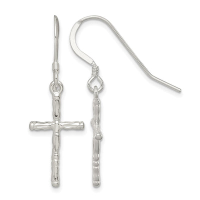 Sterling Silver Polished & Textured Cross Dangle Earrings, 36 x 11mm