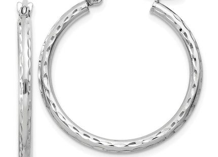 Sterling Silver Rhodium Plated Diamond Cut Hoop Earrings (Style QE3530)