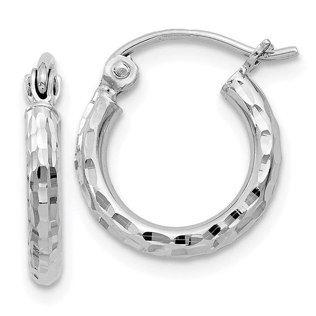 Sterling Silver Rhodium Plated Diamond Cut Hoop Earrings, 14 x 2mm