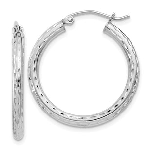 Sterling Silver Rhodium Plated Diamond Cut Hoop Earrings (Style QE3534)