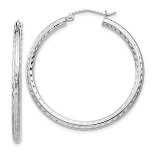 Sterling Silver Rhodium Plated Diamond Cut Hoop Earrings (Style QE3535)