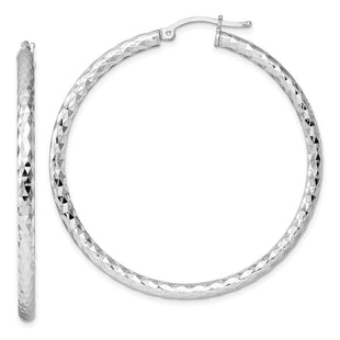 Sterling Silver Rhodium Plated Diamond Cut Hoop Earrings (Style QE3538)