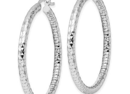 Sterling Silver Rhodium Plated Diamond Cut Hoop Earrings (Style QE3539)