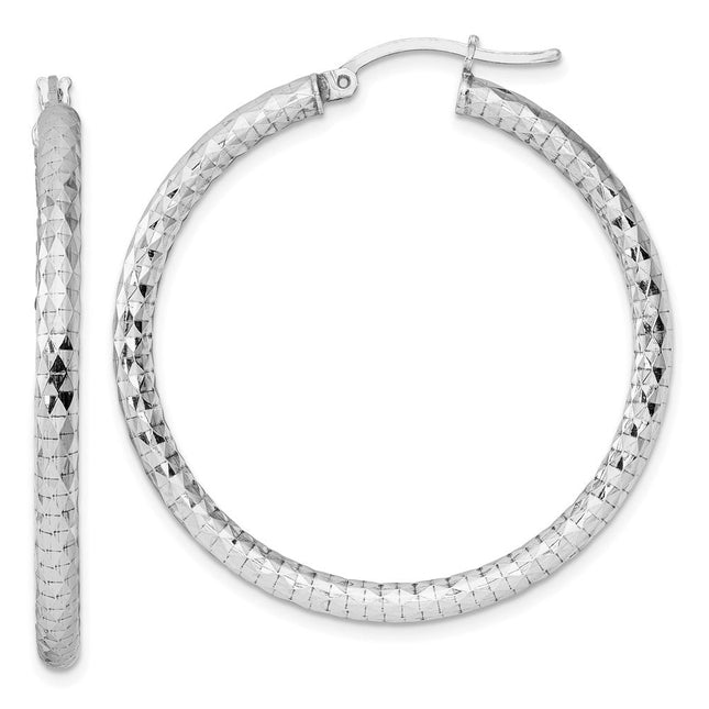 Sterling Silver Rhodium Plated Diamond Cut Hoop Earrings, 42 x 3mm