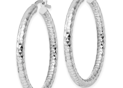 Sterling Silver Rhodium Plated Diamond Cut Hoop Earrings (Style QE3540)