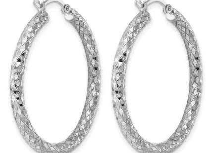 Sterling Silver Rhodium Plated Diamond Cut Hoop Earrings, 36 x 3mm
