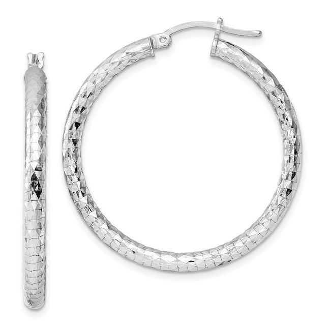 Sterling Silver Rhodium Plated Diamond Cut Hoop Earrings, 36 x 3mm