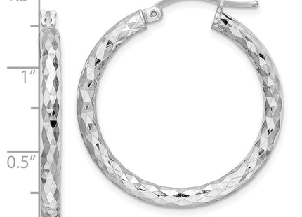 Sterling Silver Rhodium Plated Diamond Cut Hoop Earrings (Style QE3541)